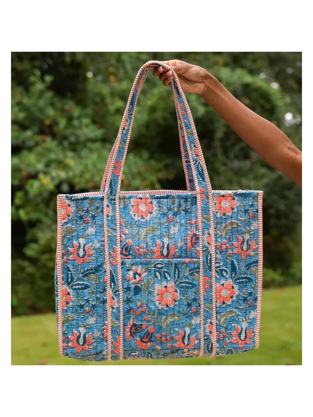 Peach Wildflowers Quilted Block-Printed Tote